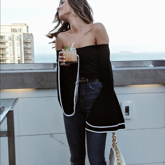 Black Off the Shoulder Bell Sleeve Top - Picture 2 of 3
